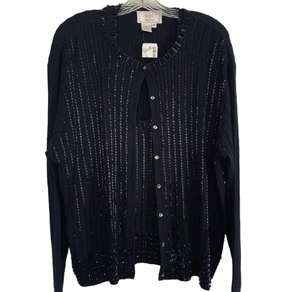 Vie By Victoria Royal Silk Knit Beaded Twinset Sweater Set Black Womens 3X $372 - Picture 1 of 8